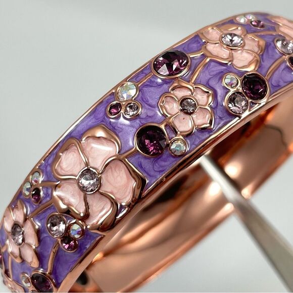 Danbury Mint Cherry Blossom Copper Magnet Bangle Bracelet Hinged Enamel Purple - Picture 4 of 8